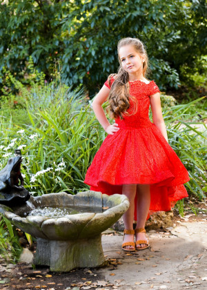Off Shoulder Red Lace High Low Flower Girl Dress
